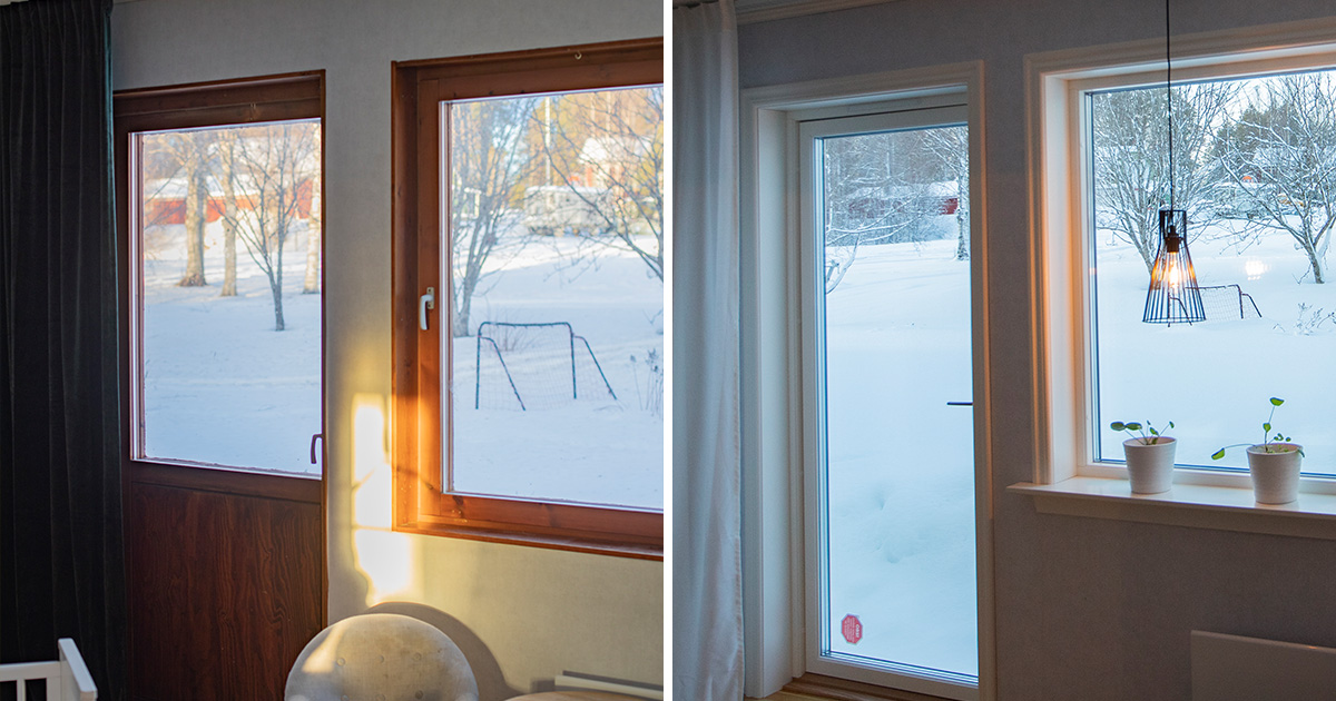 Före- och efterbild av fönster – äldre träfönster jämfört med moderna energieffektiva fönster.
