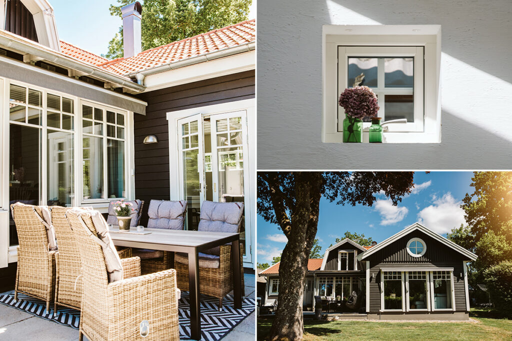 Fasadbilder av hus med olika fönsterlösningar och uteplatser.