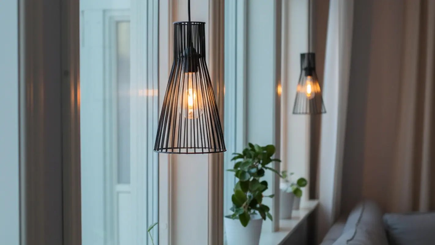 Modern fönstermiljö med tända lampor och växter som skapar en varm och energieffektiv inomhusmiljö.