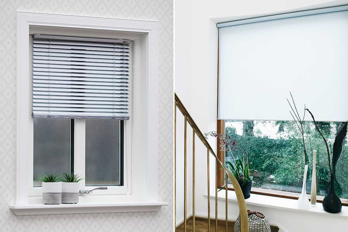 Fönster med olika solskydd – persienn och rullgardin i hemmiljö.