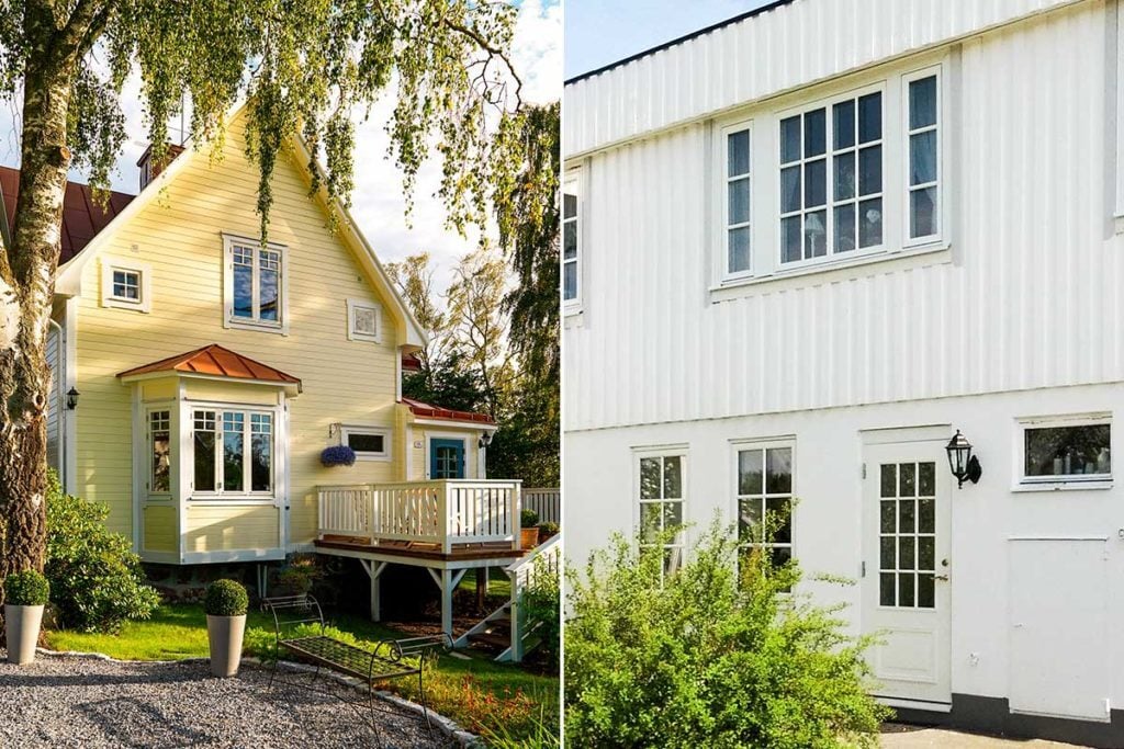 Två husfasader med olika fönsterlösningar och altan.