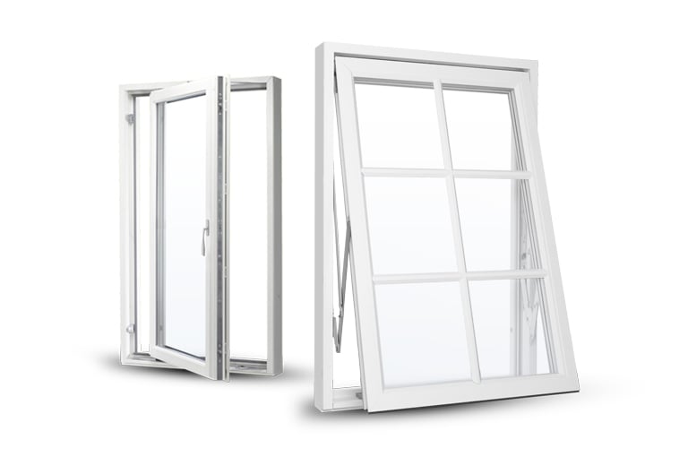 Två vita fönster i olika öppningslägen mot neutral bakgrund.