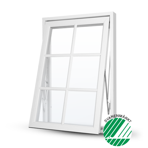 Vitt fönster med Svanenmärkning som visar energieffektivt glas med varm kant.
