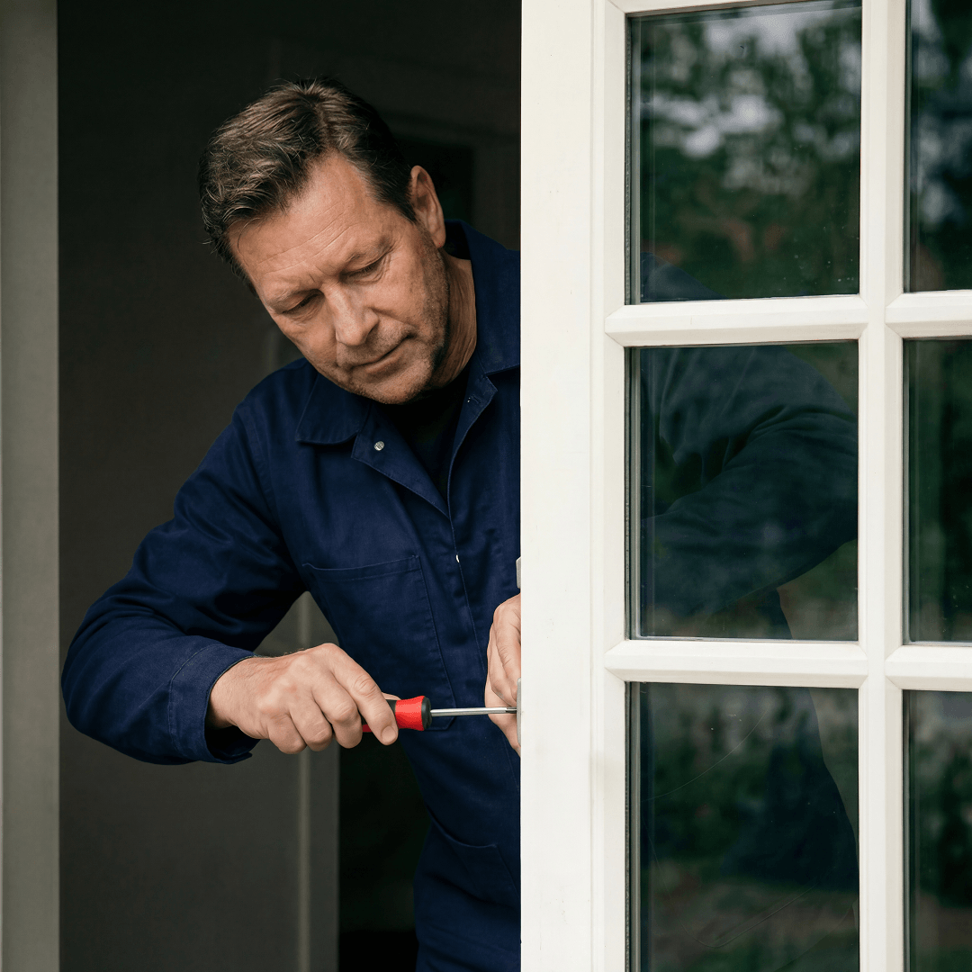 Person i arbetskläder justerar ett fönster med en skruvmejsel.