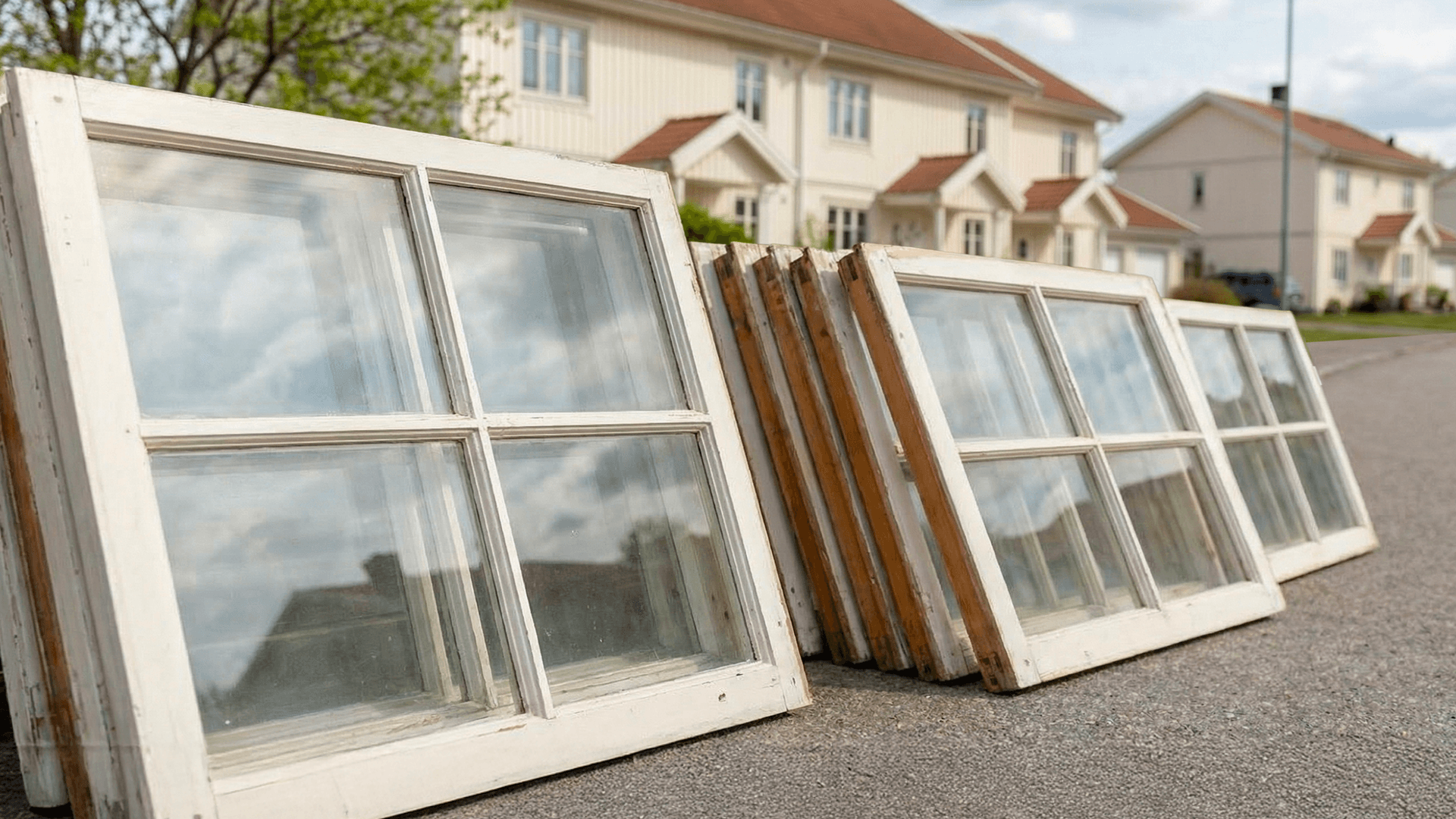 Gamla fönster står uppställda längs en gata i ett bostadsområde.