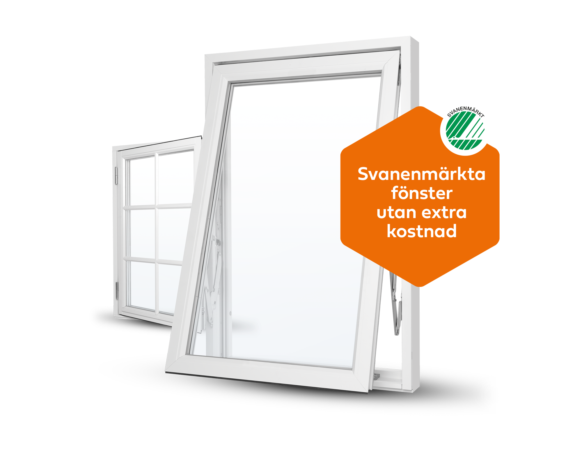 Svanenmärkta fönster i olika modeller med budskap om miljömärkning utan extra kostnad.