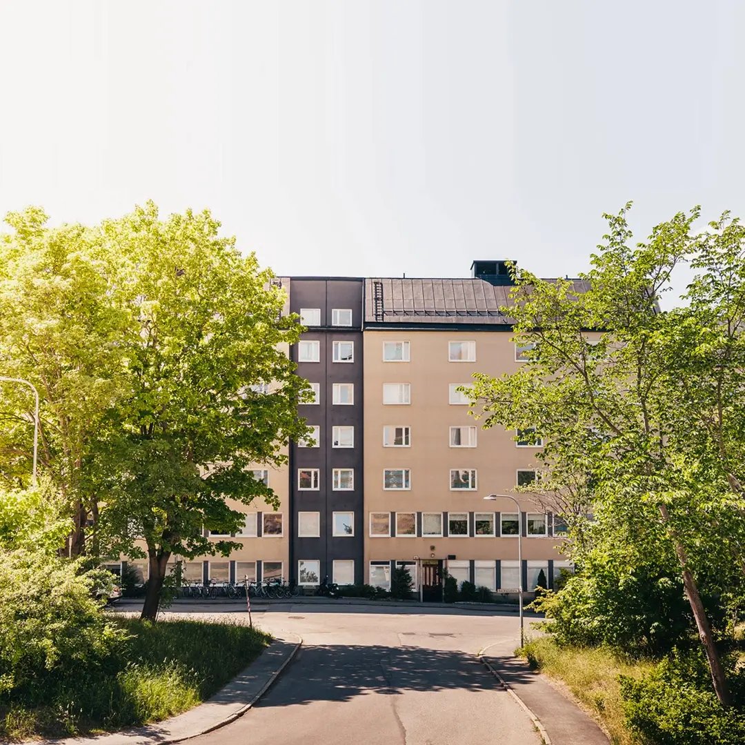 Flerbostadshus omgiven av grönska och träd längs en lugn gata.