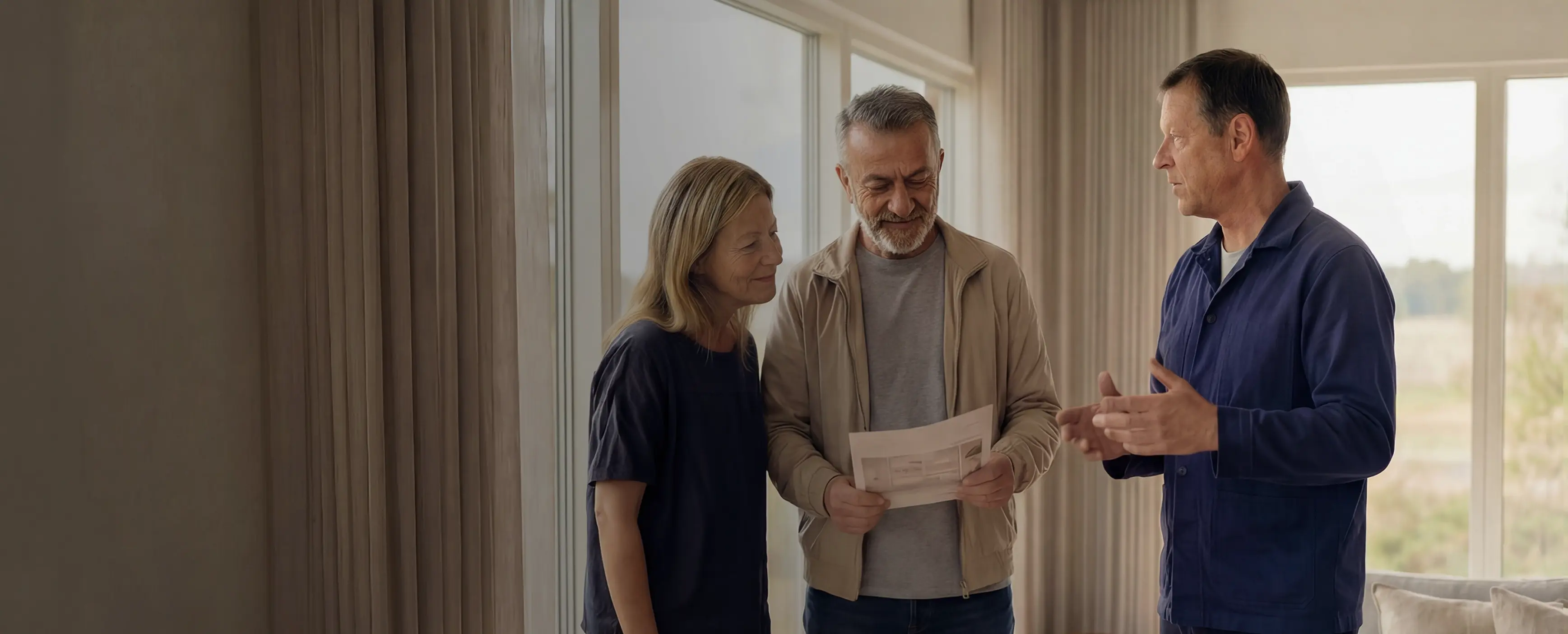 Två kunder som står och pratar med fönsterexpert från Mockfjärds