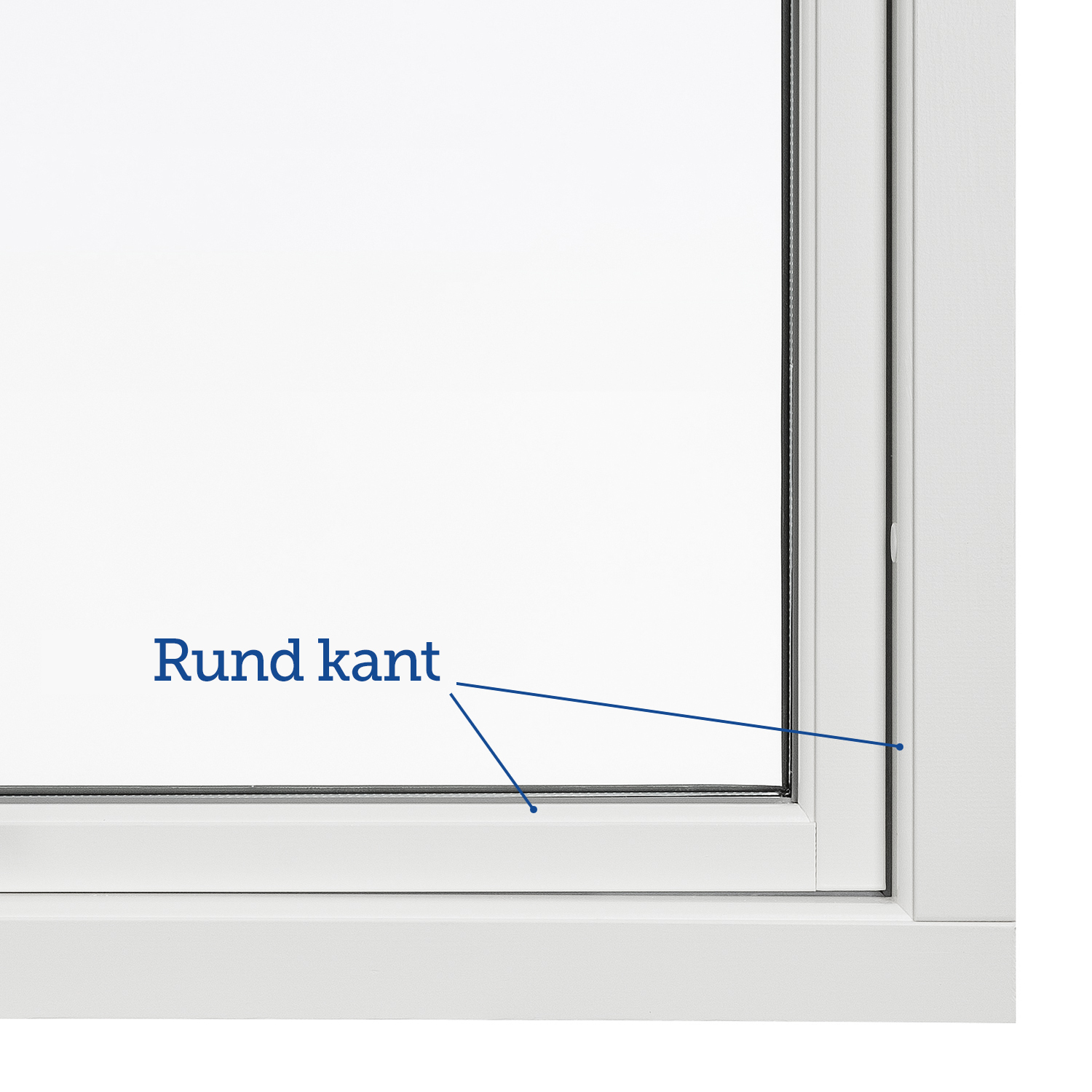 Fönster med rundad glaskant – detaljbild som visar mjuk, avrundad profil.