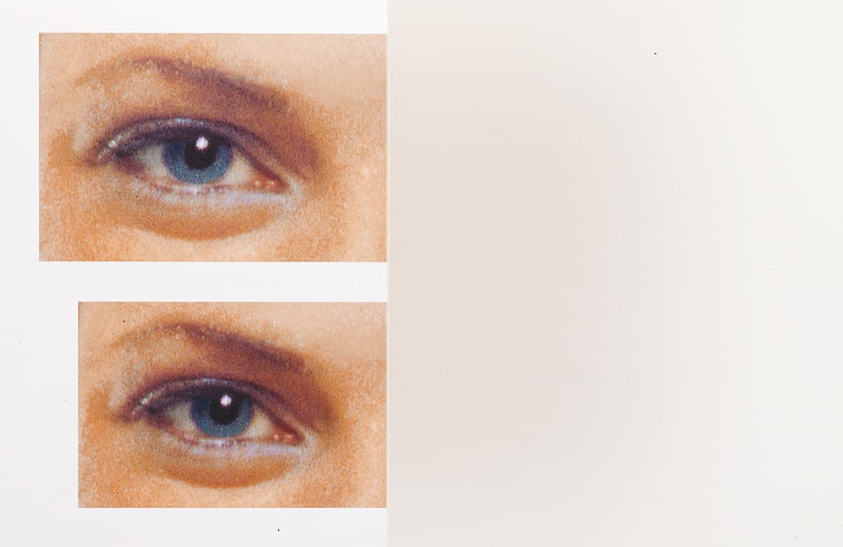 Närbild av öga bakom matt, frostat glas som ger hög avskärmning och mjuk ljusspridning.